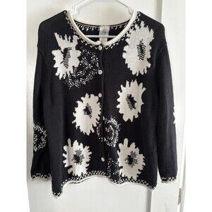 Vtg Fisher Hill Y2K Swirl Bead Daisy Button Cardigan Cotton Black White XL